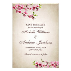 Pink Cherry Blossoms Tan Wedding Save the Date Personalized Invite