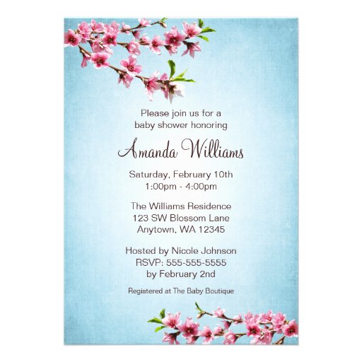 Pink Cherry Blossoms Vintage Blue Baby Shower Personalized Invitation