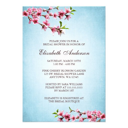 Pink Cherry Blossoms Vintage Blue Bridal Shower Invitation