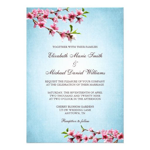 Pink Cherry Blossoms Vintage Blue Wedding Personalized Invitations
