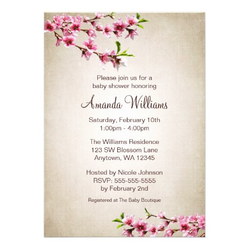 Pink Cherry Blossoms Vintage Tan Baby Shower Invites