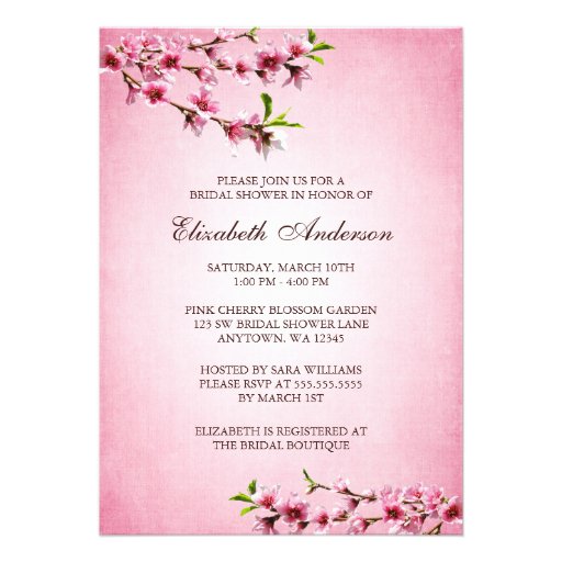 Pink Cherry Blossoms Vintage Tan Bridal Shower Custom Announcements