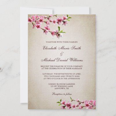 Pink Cherry Blossoms Vintage Tan Wedding Custom Announcement by 