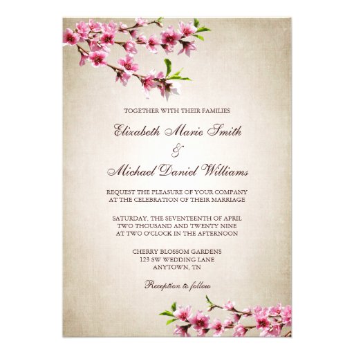 Pink Cherry Blossoms Vintage Tan Wedding Custom Announcement