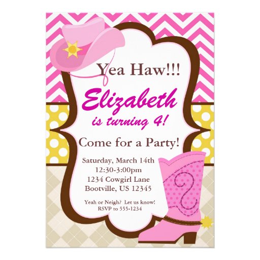Pink Chevron and Cowgirl Boot Birthday Party Custom Invite