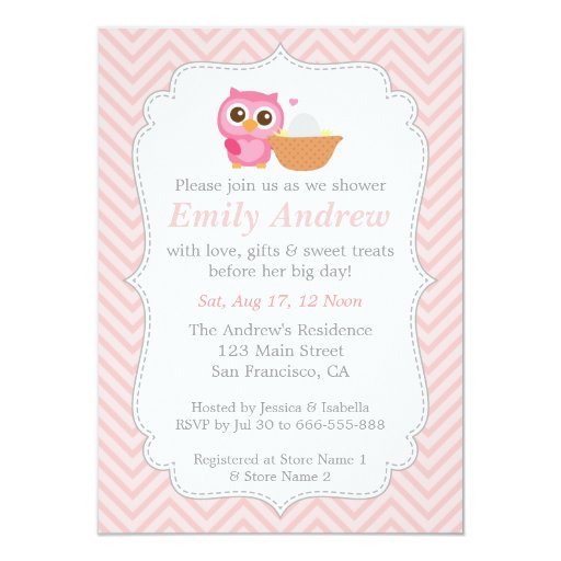 Pink Chevron, Cute Owl Baby Shower Personalized Announcements (front side)