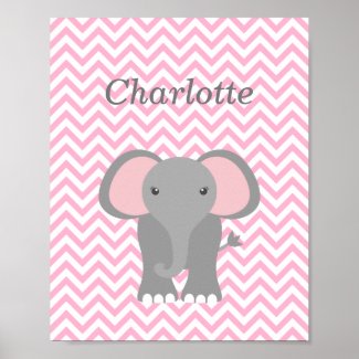 Pink Chevron Elephant Personalized Nursery Decor Posters