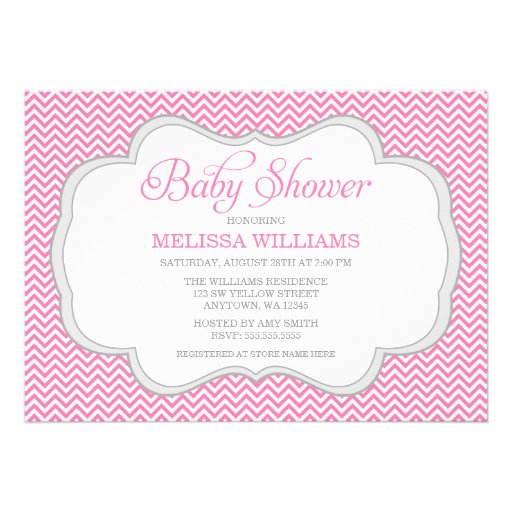 Pink Chevron Gray Frame Baby Shower Personalized Invite