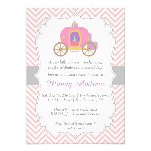 Pink Chevron, Princess Carriage, Girl Baby Shower Personalized Announcement (front side)