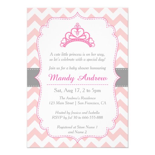 Pink Chevron, Princess Crown, Girl Baby Shower Invitations (front side)