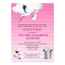 Pink Chevron Stork Baby Sip and See Party Invitation