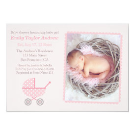Pink Chevron Stroller Photo Baby Girl Shower 4.5x6.25 Paper Invitation Card