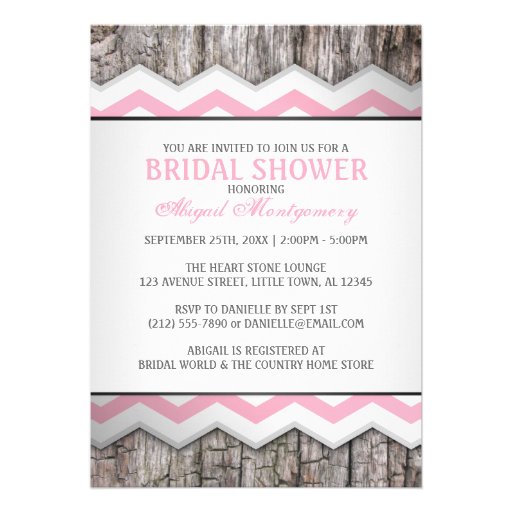 Pink Chevron & Wood Rustic Bridal Shower Personalized Invitations