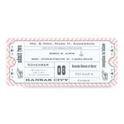 Pink Chevron Zig Zag Vintage Modern Ticket Wedding Card