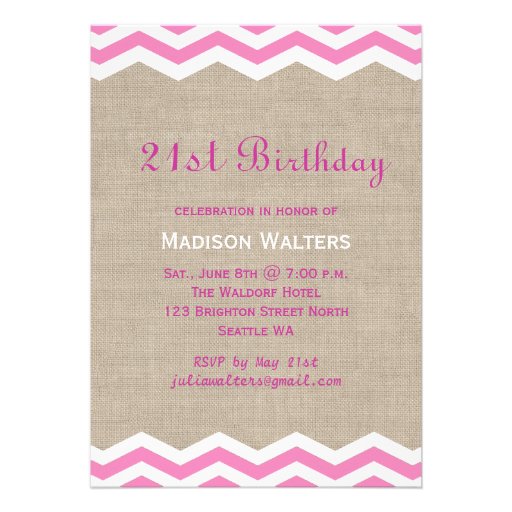 Pink Chevrons on Burlap Birthday Invitation (front side)