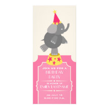 Pink Circus Ticket Elephant Birthday Party Announcements