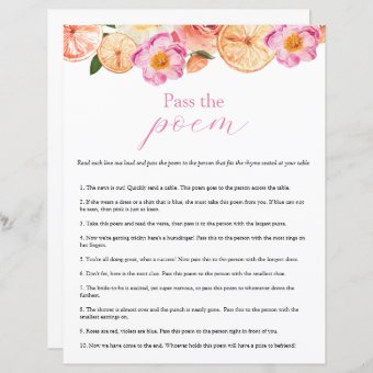 Pink Citrus Pass The Poem Bridal Shower Game Zazzle