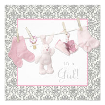 Pink Clothesline Baby Girl Shower Invitations