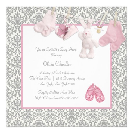 Pink Clothesline Baby Girl Shower Invitations