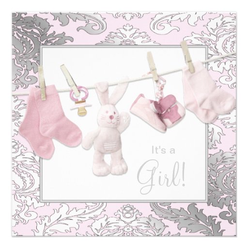 Pink Clothesline Baby Girl Shower Invitations