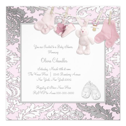Pink Clothesline Baby Girl Shower Invitations