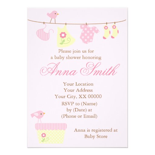 Pink Clothesline Baby Shower Personalized Announcements