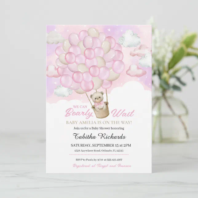 Pink Clouds Teddy Bear Hot Air Balloon Baby Shower Invitation Zazzle