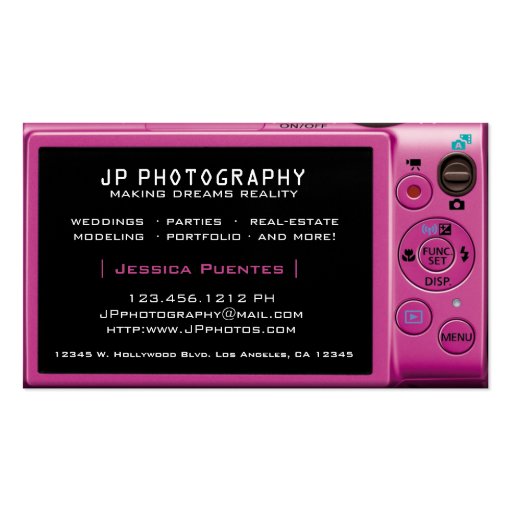 Pink Compact Camera Photographer Business Card Templates (back side)