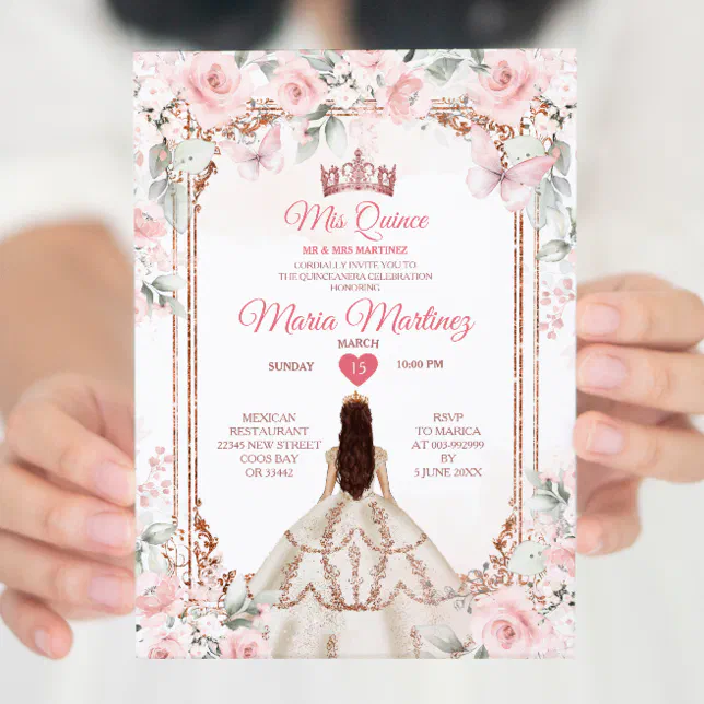 Pink Copper Gold Flowers Princess Mis Quince Invitation Zazzle