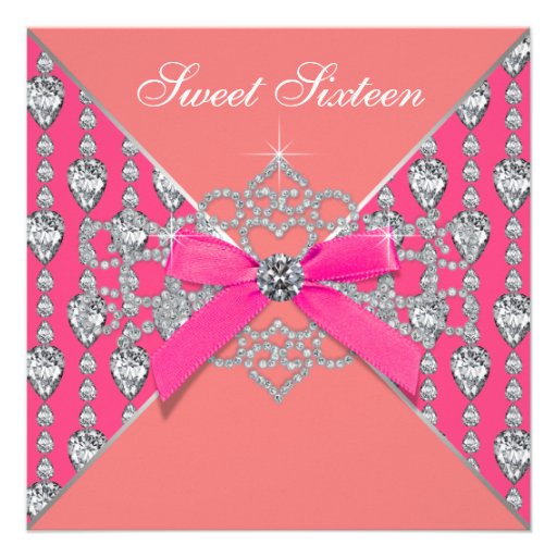 Pink Coral Diamonds Coral Sweet 16 Birthday Party Announcement