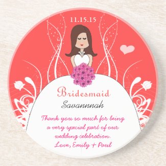 Pink Coral Long Brown Hair Bridesmaid Gown Coaster coaster