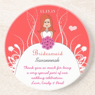 Pink Coral Long Red Head Bridesmaid Gown Coaster coaster