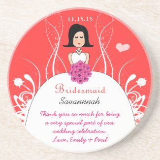 Pink & Coral Side Part Bridesmaid Gown Coaster coaster