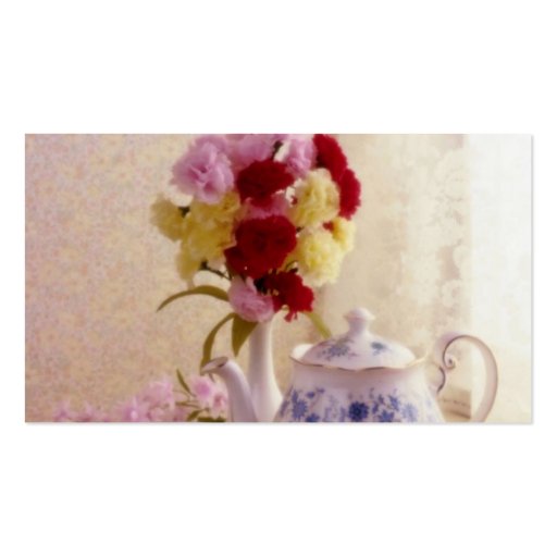 Pink Cottage tea set flowers Business Card Template (back side)