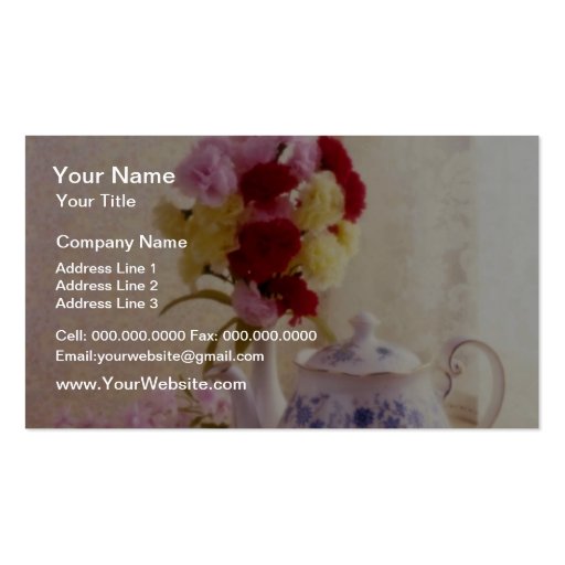 Pink Cottage tea set flowers Business Card Template (front side)