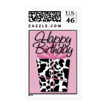 Pink Cow • Happy Birthday Postage Stamp