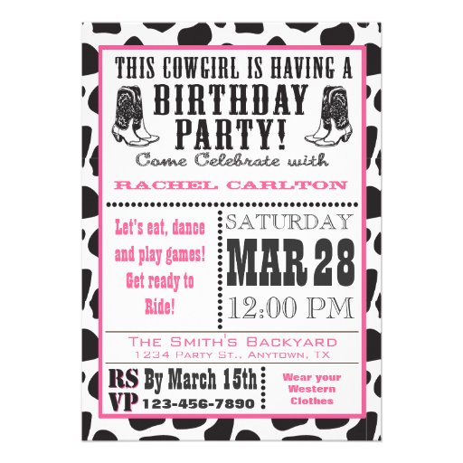 Pink Cow Print Cowgirl Birthday Invitation (front side)