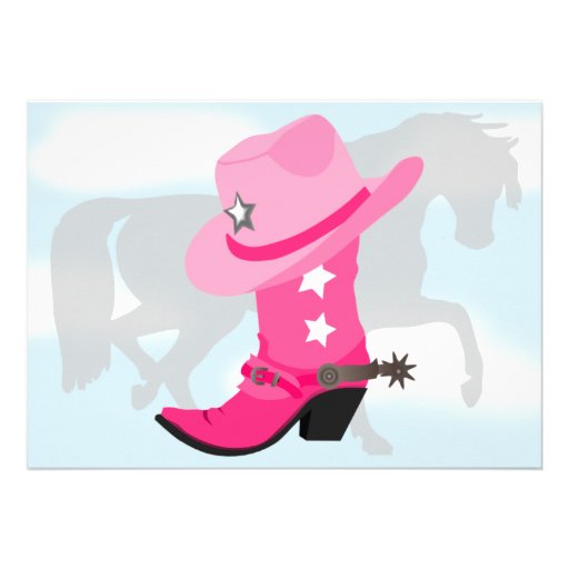 Pink Cowgirl Boot, Hat and Horse Birthday Party Custom Invitations