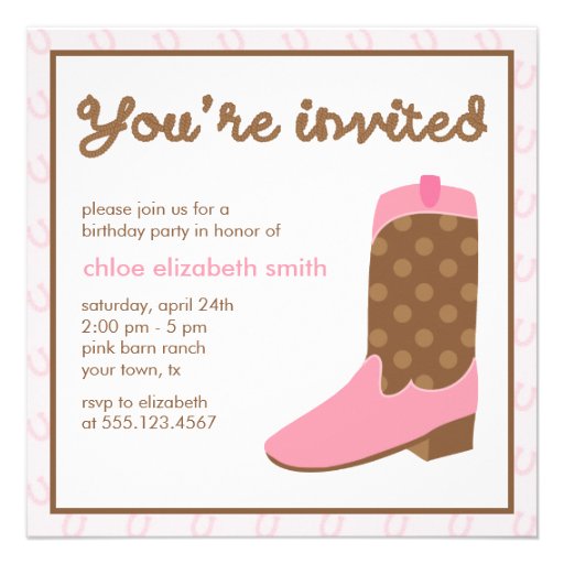 Pink Cowgirl Boot Western Birthday Party Custom Invites