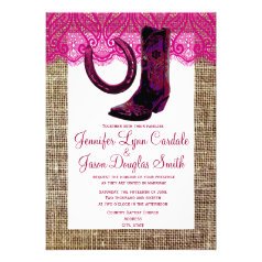 Pink Cowgirl Boots Horseshoe Burlap Lace Wedding Personalized Announcements