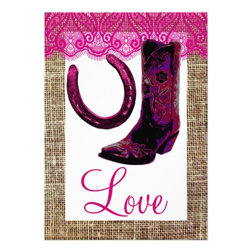 Pink Cowgirl Boots Horseshoe Burlap Lace Wedding Personalized Announcements