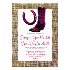 Pink Cowgirl Boots Horseshoe Burlap Wedding Invite