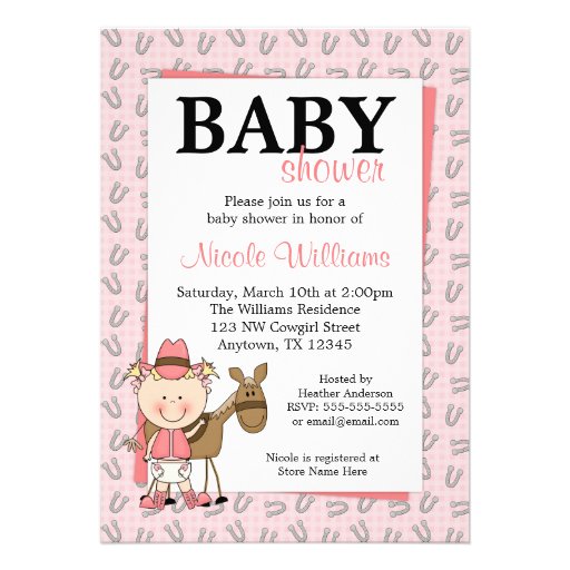 Pink Cowgirl Horseshoes Baby Shower Invitations