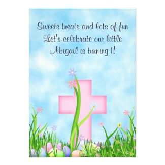 Pink Cross and Easter Eggs 1st Birthday Invitation