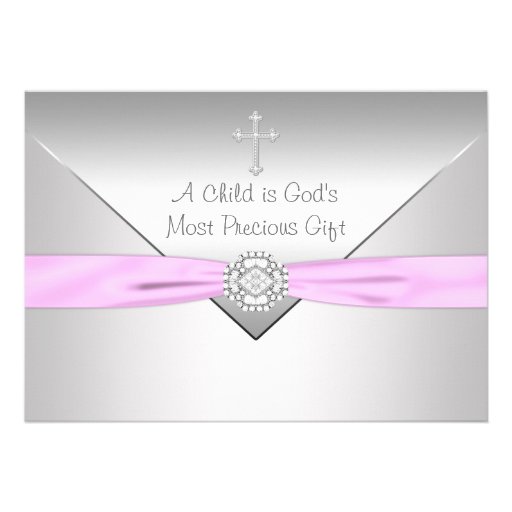 Pink Cross Baby Girl Christening Announcement (front side)
