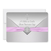 Pink Cross Baby Girl Christening Announcement