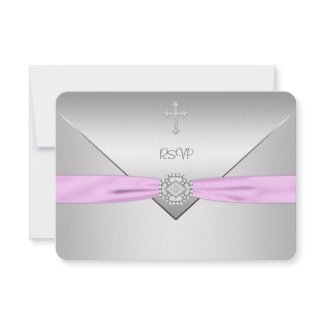 Pink Cross Baby Girl Christening RSVP invitation