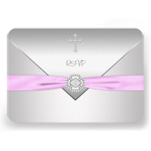 Pink Cross Baby Girl Christening RSVP Personalized Announcements
