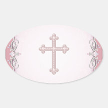 Pink Cross Damask Flower Envelope Seals Oval Sticker