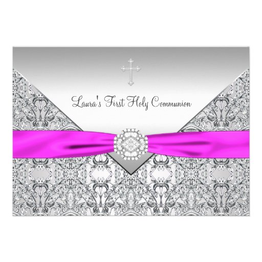 Pink Cross Girls Pink First Communion Personalized Invitations